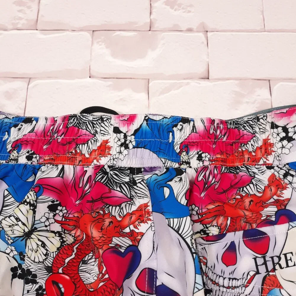 Hreski Swim Trunks Water Beach Shorts Mens Size 40 Skull Rose Grunge Red Blue